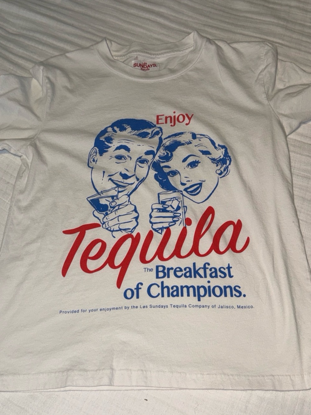 Los Sundays Enjoy Tequila Graphic Tee - White with Red & Blue Print